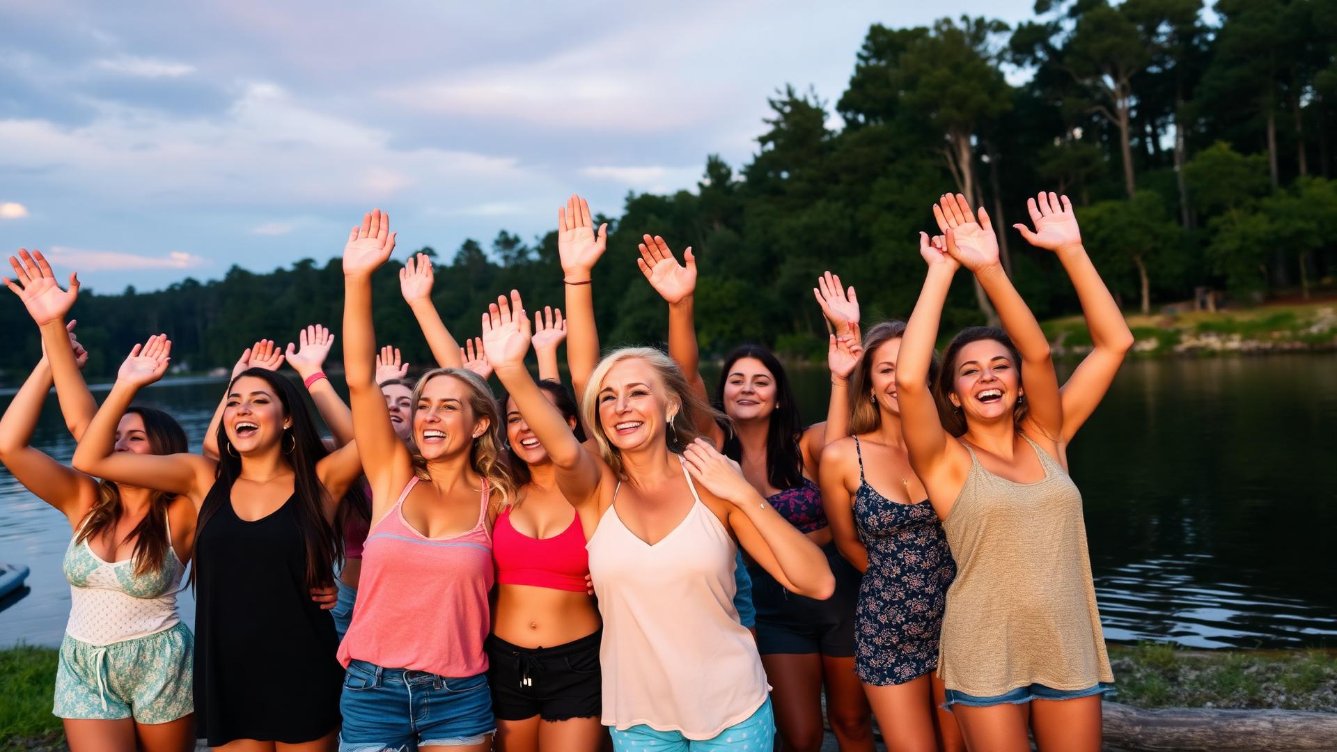 Group of women cheering at sunset by the lake